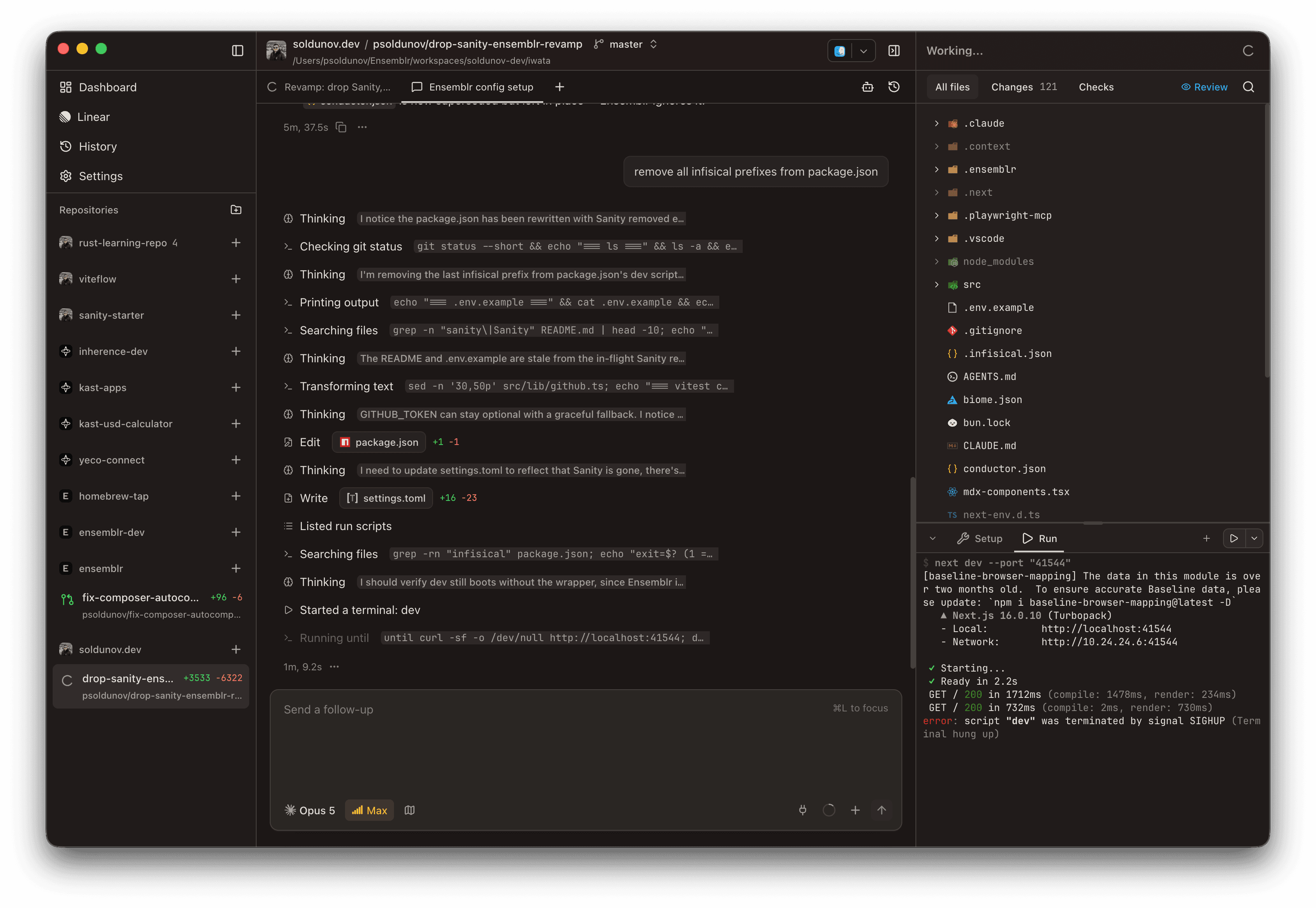 An Ensemblr workspace: a coding agent mid-turn with its tool calls, the file tree, and the terminal dock running a dev server