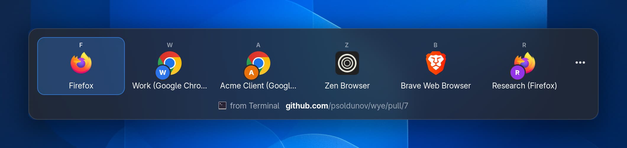 The Wye picker drawn by its GNOME Shell extension, with the same browser and profile tiles and hotkeys, and a link clicked in Terminal