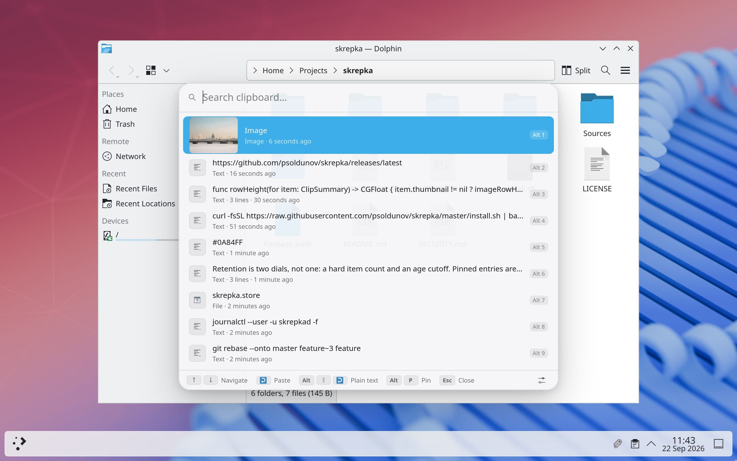 The Skrepka picker on KDE Plasma over a Dolphin window: a copied photo selected at the top, then a link, code, shell commands and a hex color, each with an Alt+1 to Alt+9 shortcut, and the Skrepka paperclip in the system tray