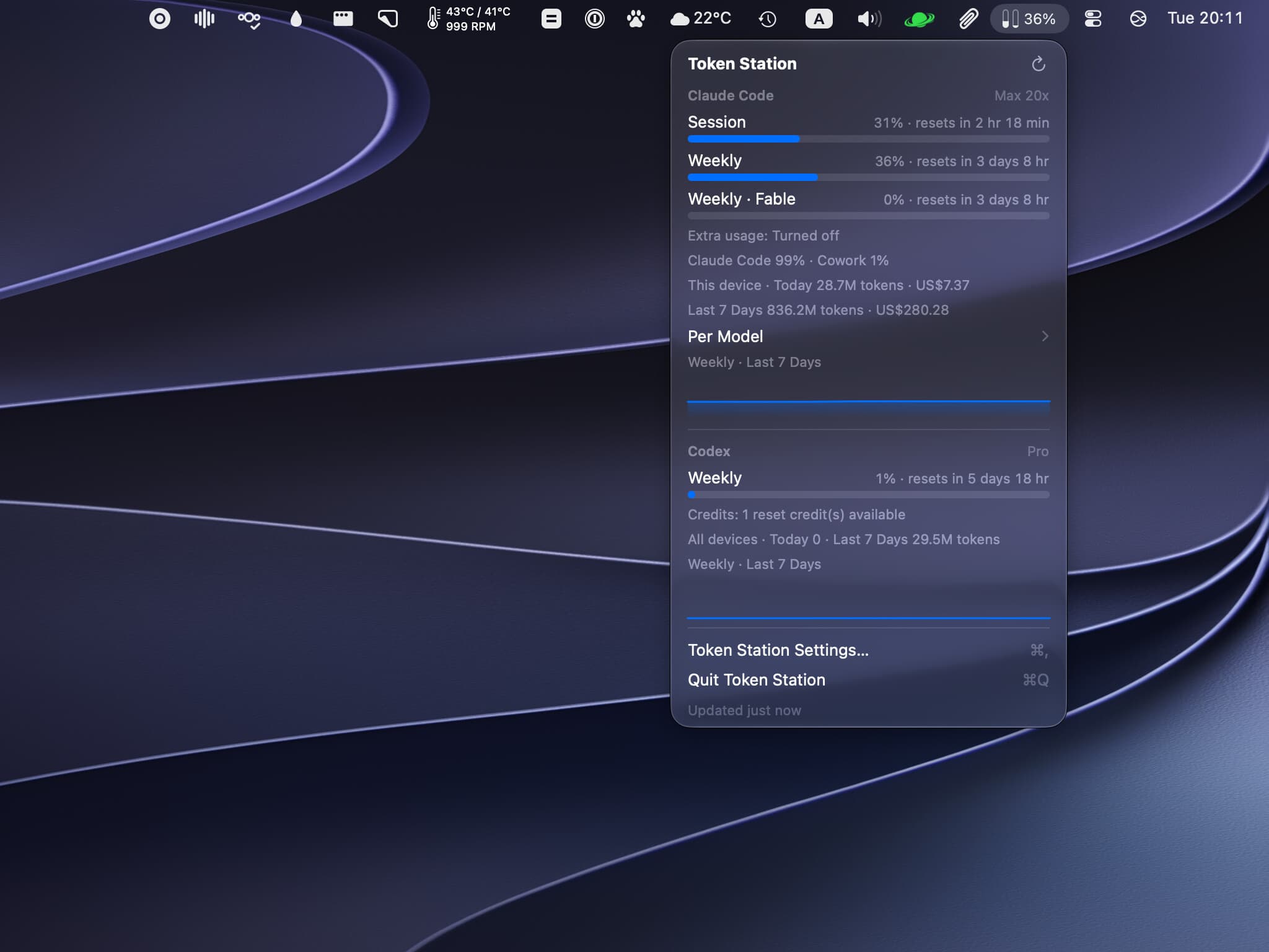 The Token Station panel open under its two-bar meter in the macOS menu bar: Claude Code session, weekly and Fable weekly limits with reset countdowns, token counts and cost for this device, a Per Model row, and the Codex weekly limit below