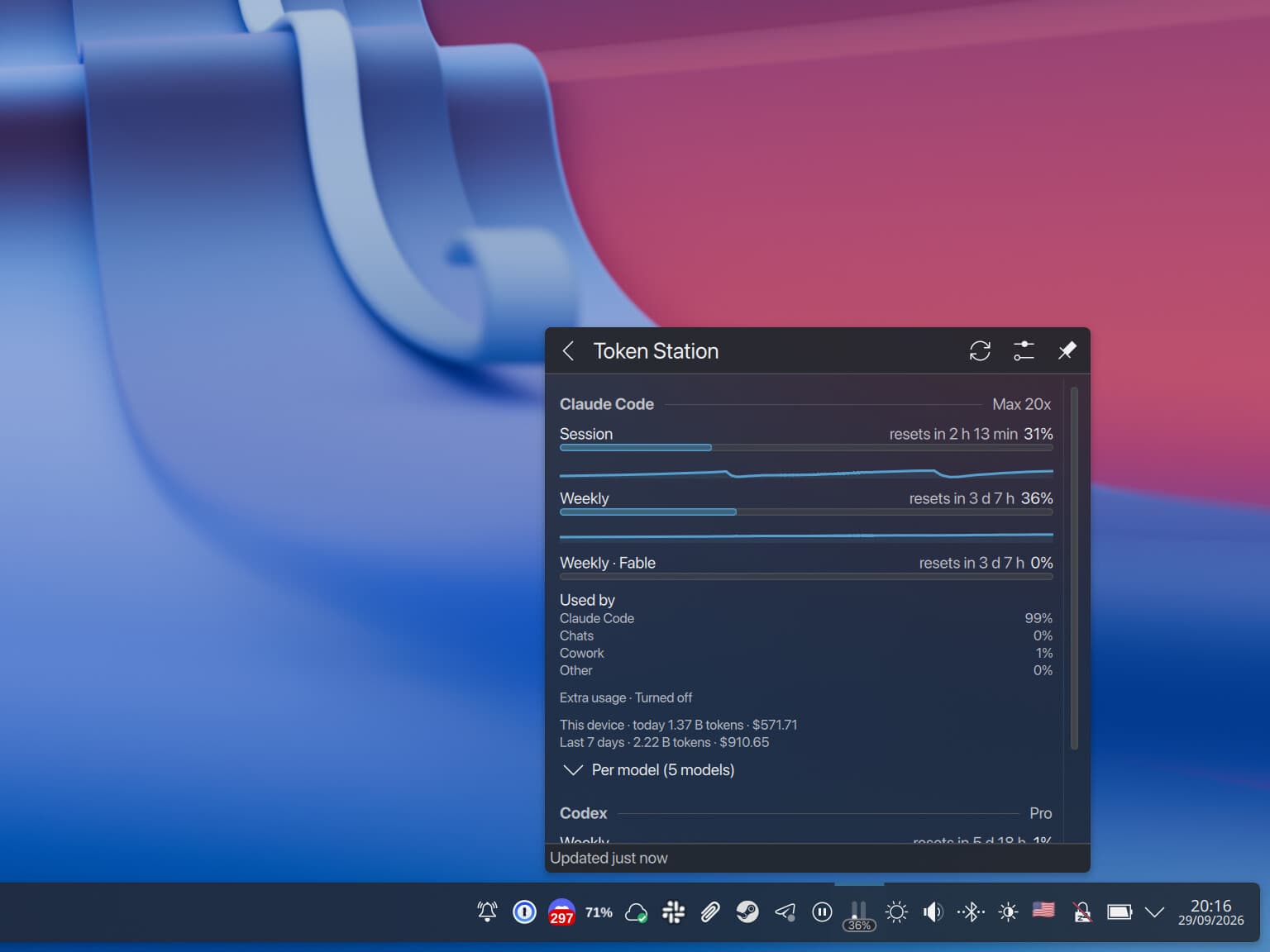 The Token Station applet open from the KDE Plasma system tray: Claude Code session and weekly limits with a usage graph under each, the share used by Claude Code and Cowork, token counts and cost, and the start of the Codex section